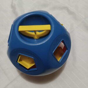 Vintage Tupperware Shape-O red and blue ball with yellow blocks in the box